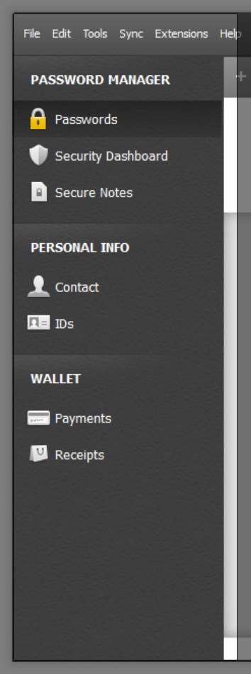 Dashlane for Windows Main Menu
