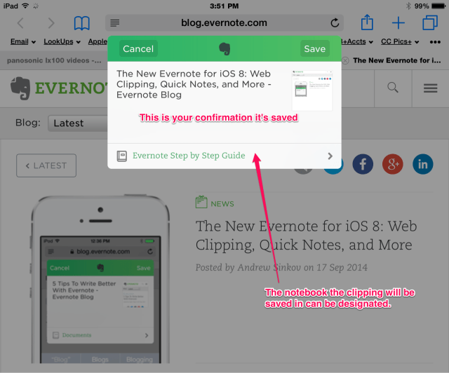 Saving a web clipping in Evernote ios 8