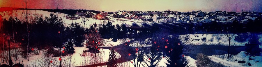 Stylized rural suburb wintertime scene