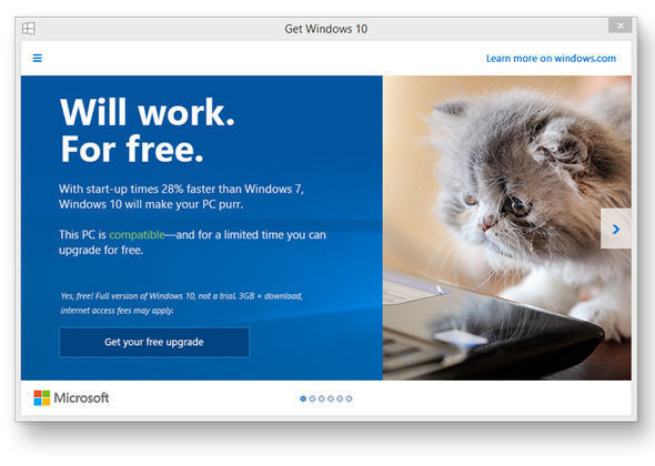Microsoft currently advertises the free upgrade for its new OS in a series of pop-up adverts MICROSOFT