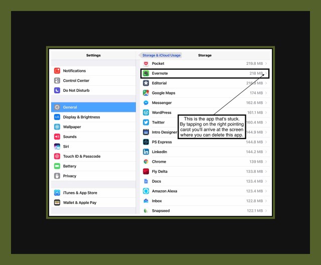 Screenshot depicts Settings - General - Manage Storage - Evernote App