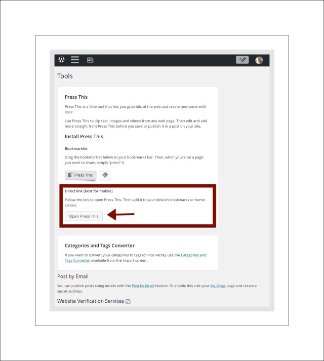 Press This! Is Under Tools on the Dashboard