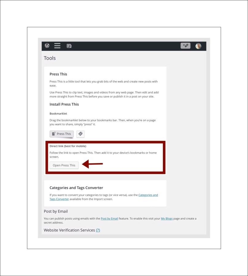 Press This! Is Under Tools on the Dashboard