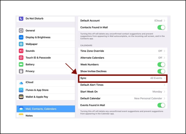 ios mail calendar settings - set events to all