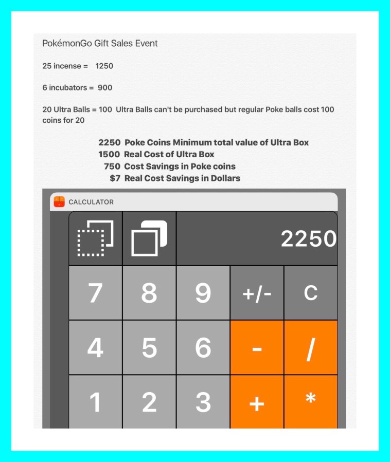 My calculations for cost of individual items