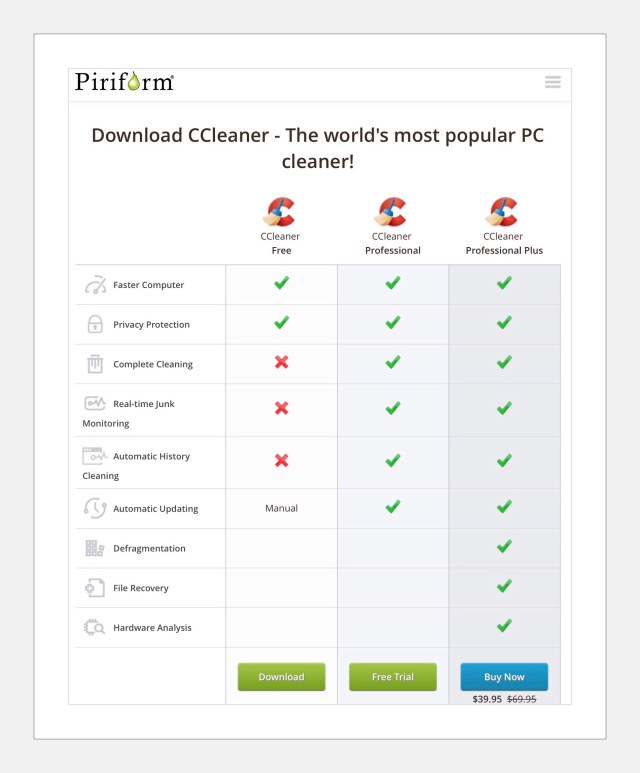 CCleaner Versions