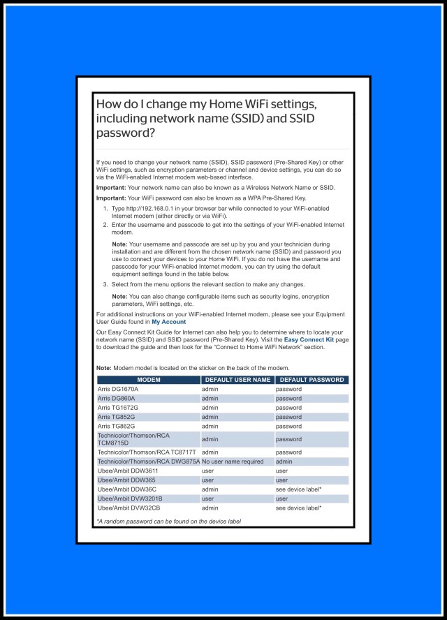 Spectrum's modem credential chart