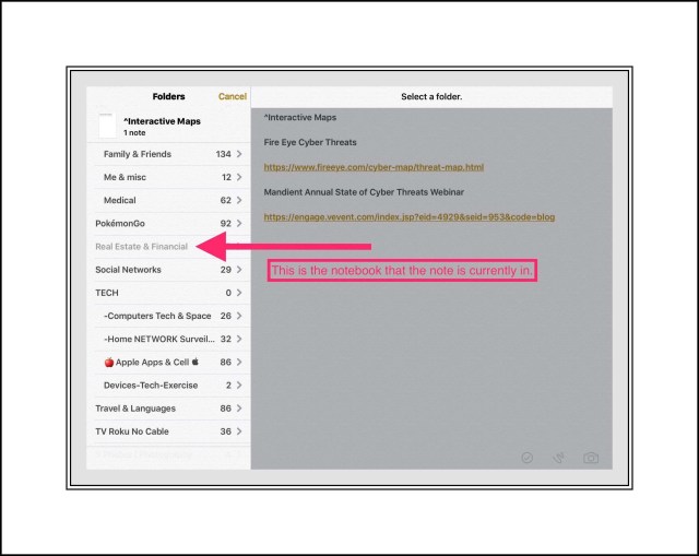 Screenshot displaying the notebook location of the note I'm moving.