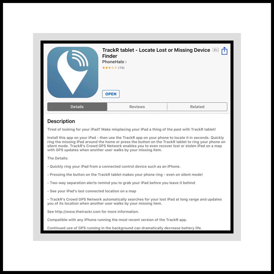 TrackR's ios Tablet App's Features