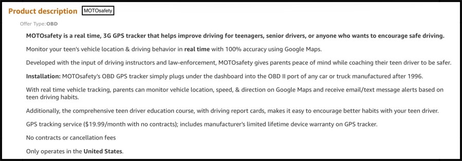 Product Description for MOTOsafety OBD Tracker