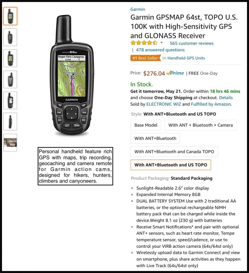 Garmin GPSMAP 64st, TOPO U.S. 100K with High-Sensitivity GPS and GLONASS Receiver
