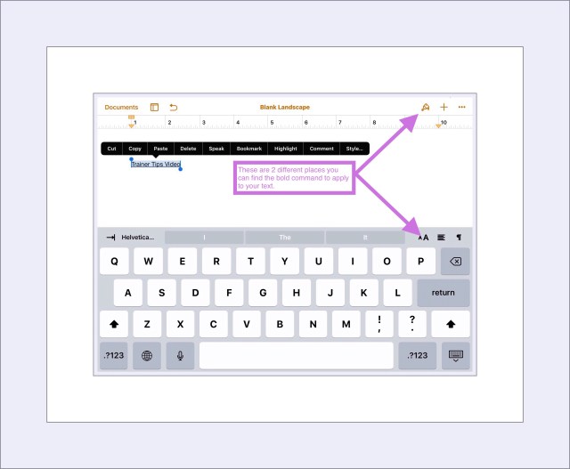 Pages gives you 2 places to find the Bold, Italics and Underline formatting styles