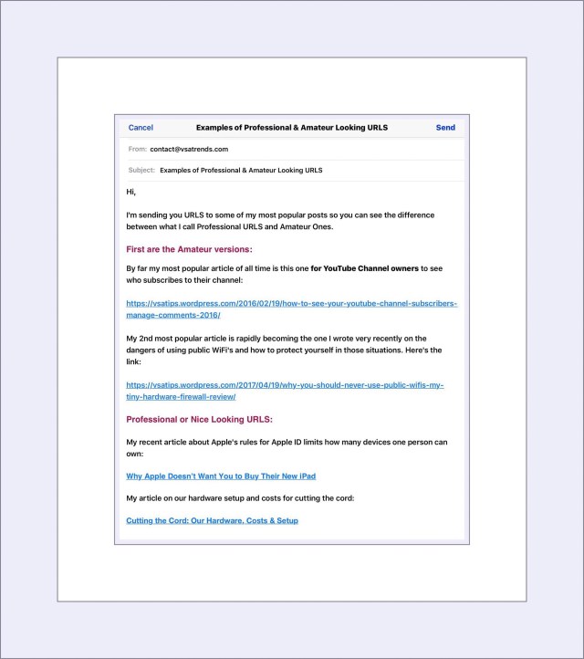 Sample email with 2 long and messy links and 2 clean, streamlined, professional looking links.