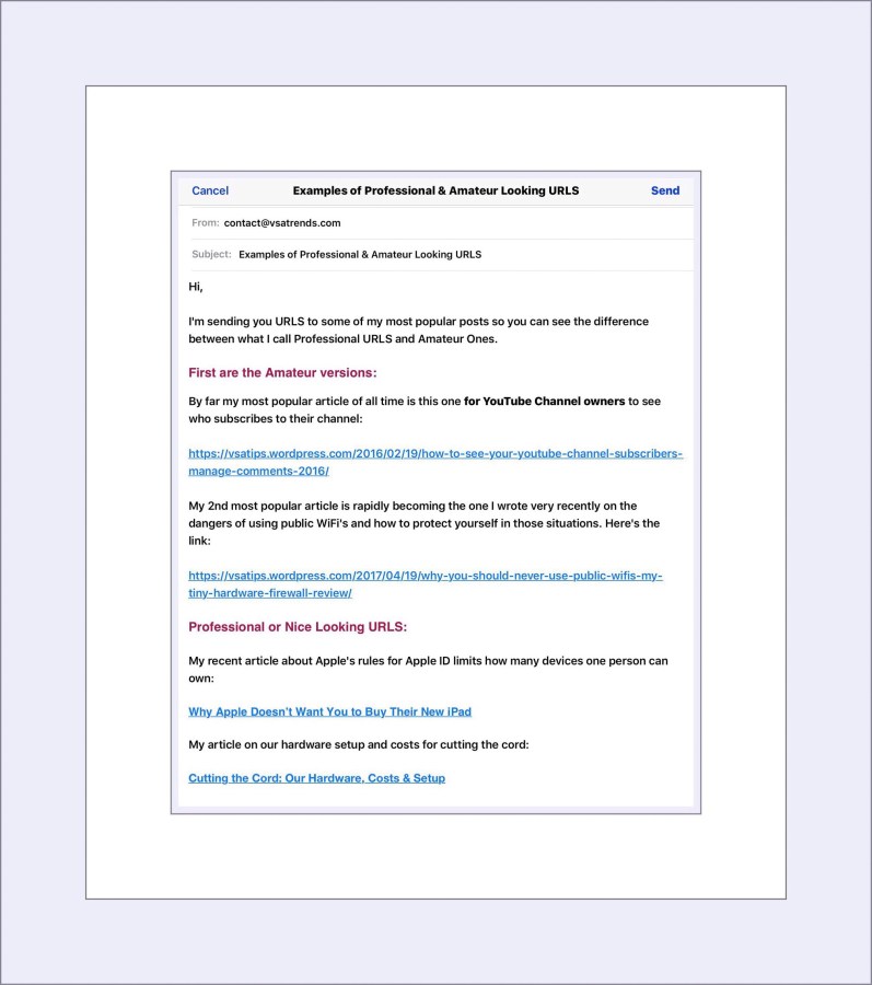 Sample email with 2 long and messy links and 2 clean, streamlined, professional looking links.
