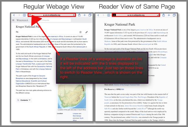 Regular View and Reader View of a Wikipedia webpage
