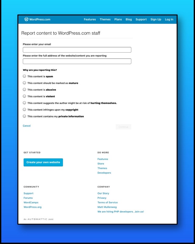 The WordPress form to report a Splog 